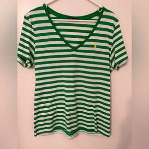 Ralph Lauren Woman’s V Neck Tee.  Size XL Green/White striped